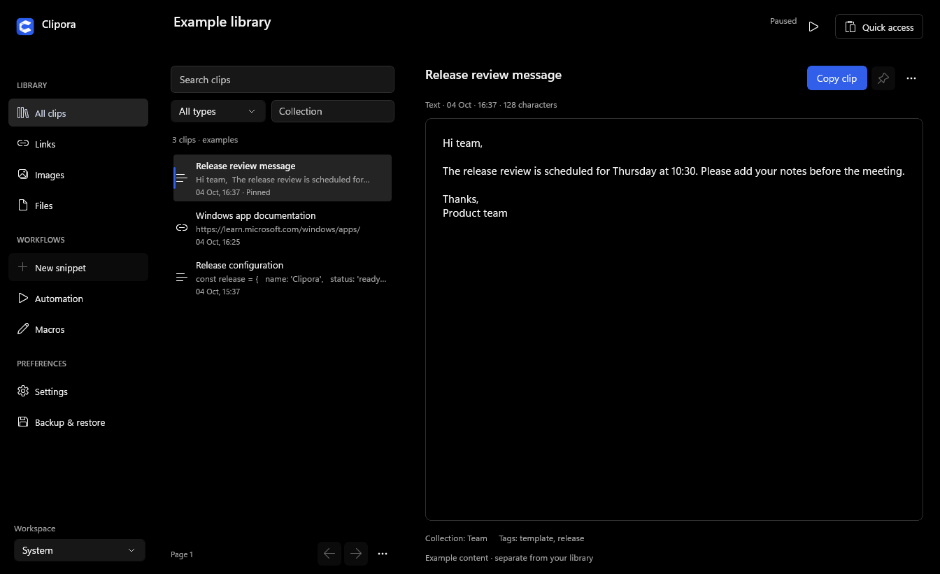 Actual Clipora dark workspace showing synthetic saved clips and a selected text preview