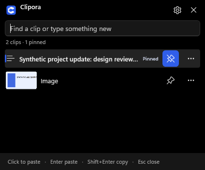 Actual black-theme quick access with a pinned text clip and image thumbnail